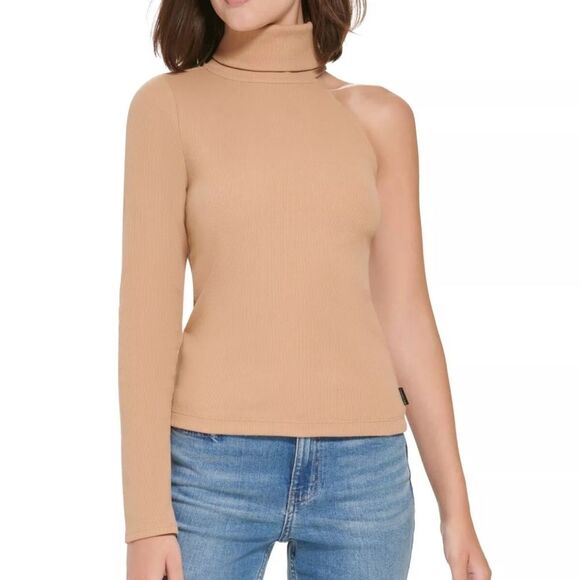 NWT Calvin Klein Jeans Women's One Shoulder Turtleneck Top Brown Size Small - Picture 1 of 6